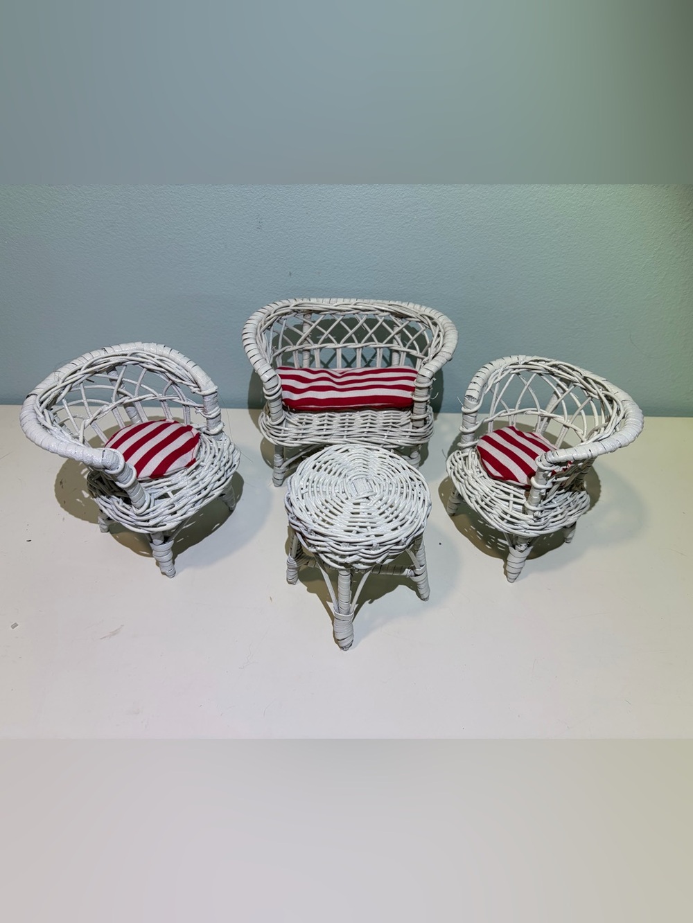 11” Barbie Doll White Wicker Furniture Set with Red & White Striped Cushions